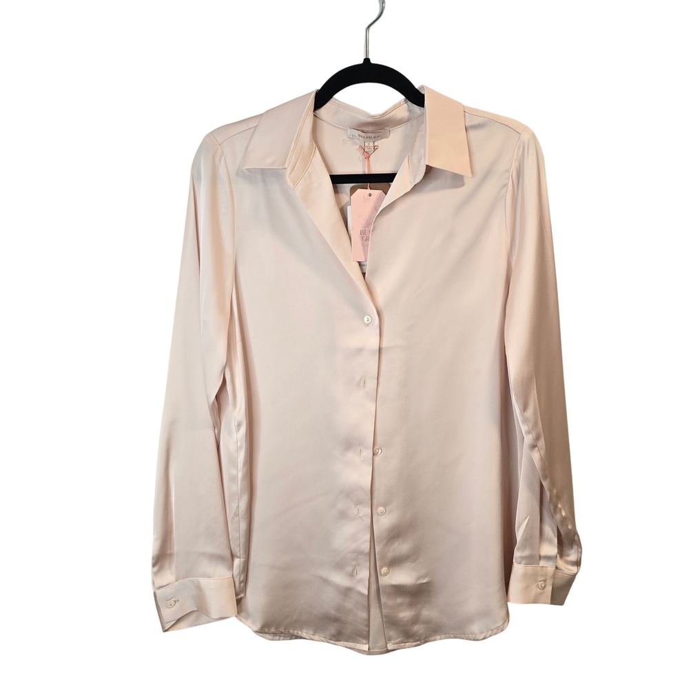 Skies Are Blue Button Down Blouse Women Small Champagne NWT Satin Long Sleeve